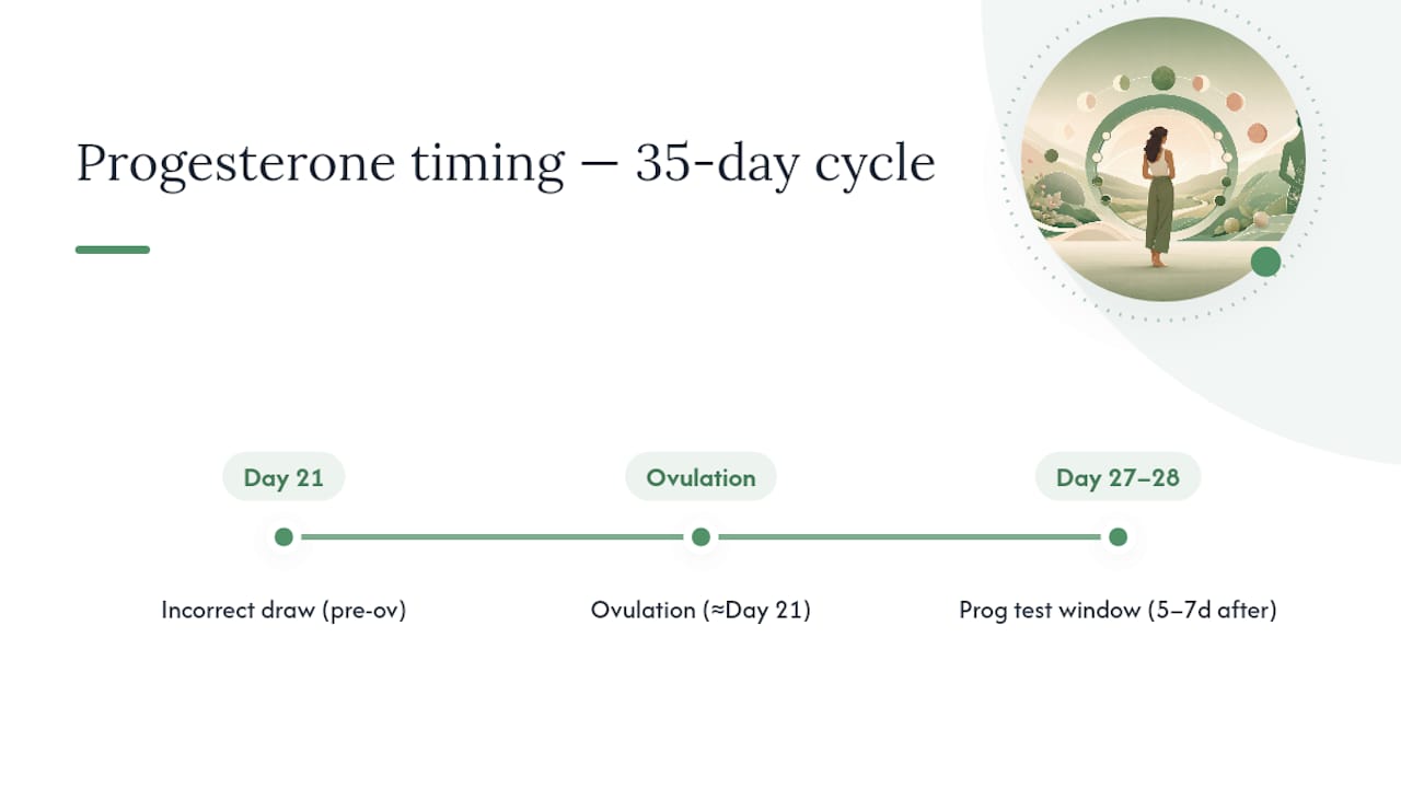 Cycle timeline showing correct progesterone testing window