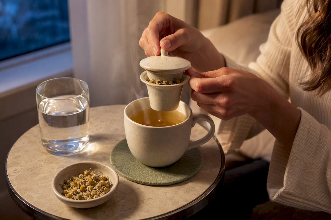Chamomile tea and water for evening hydration