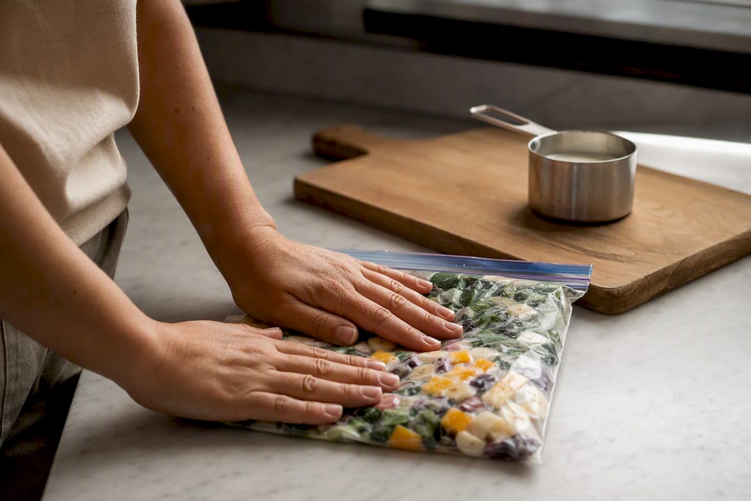 Smoothie ingredients frozen flat in bag