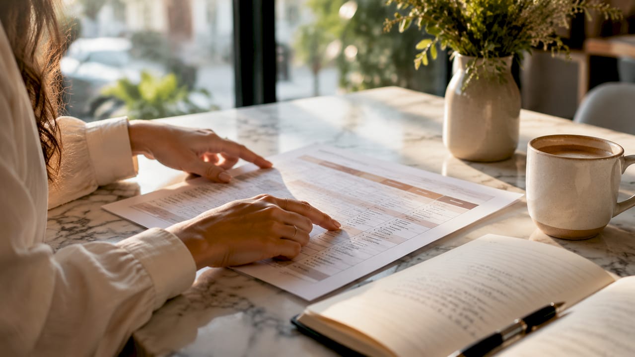 Hands reviewing SEO keyword research documents