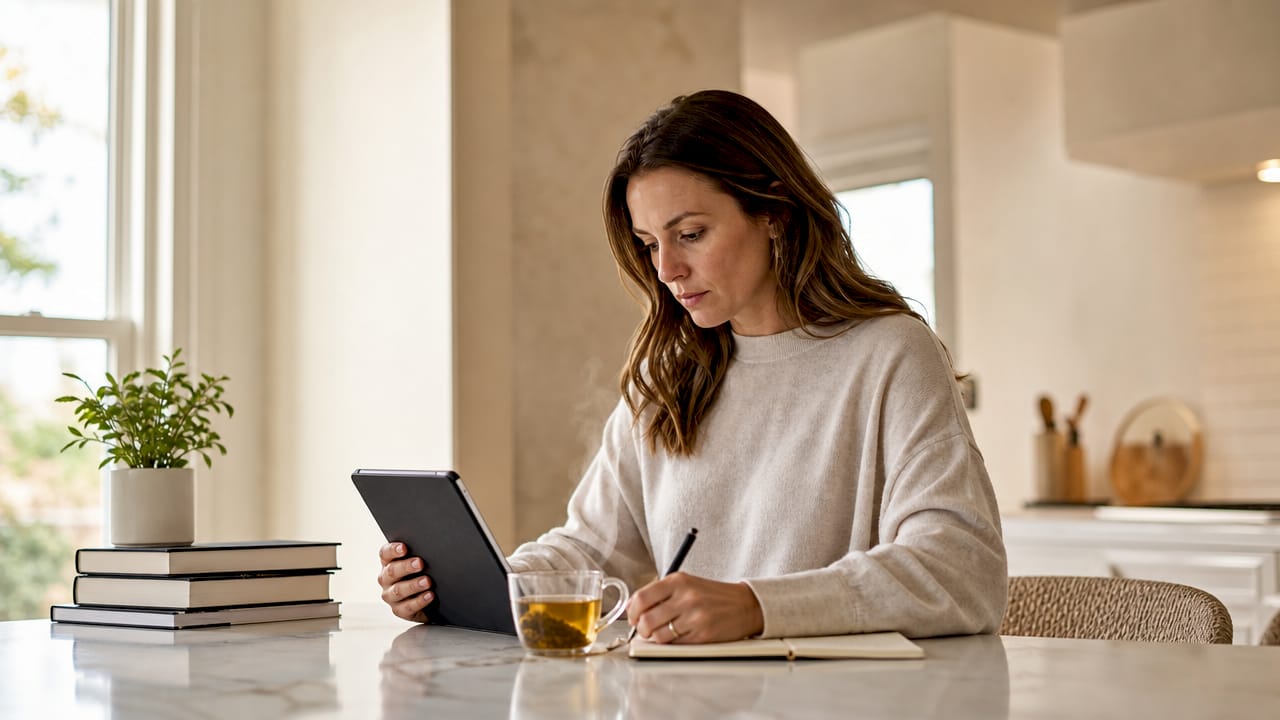 Entrepreneur reviewing online visibility checklist at home