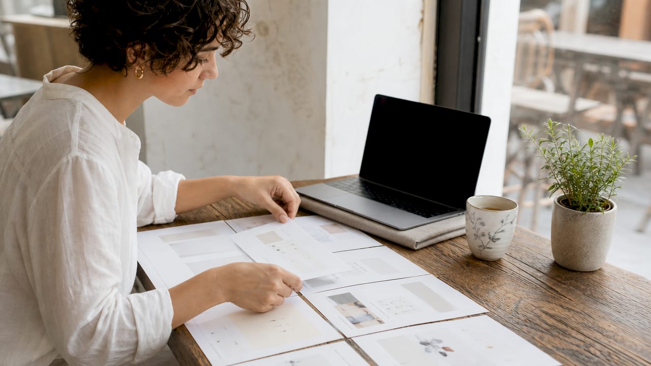 Woman positioning call to action printouts at desk
