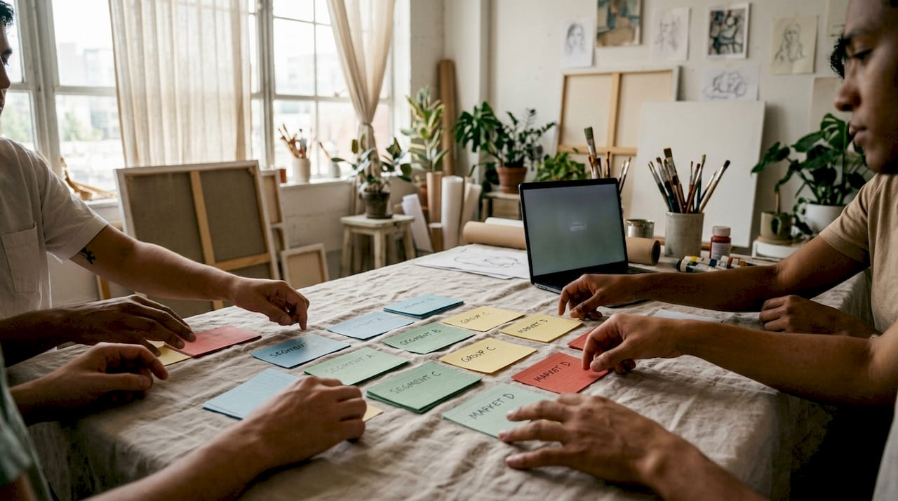 Hands sorting customer segment cards on table