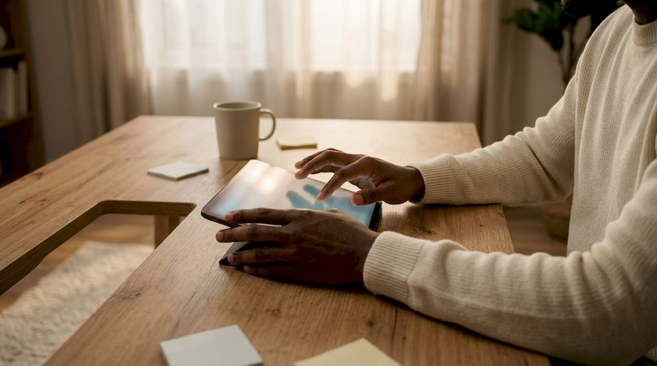 Hands configuring automation workflow on digital device