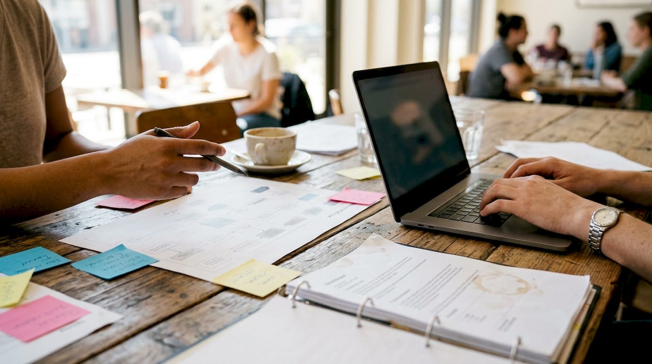 Hands collaborating on business systems workflows