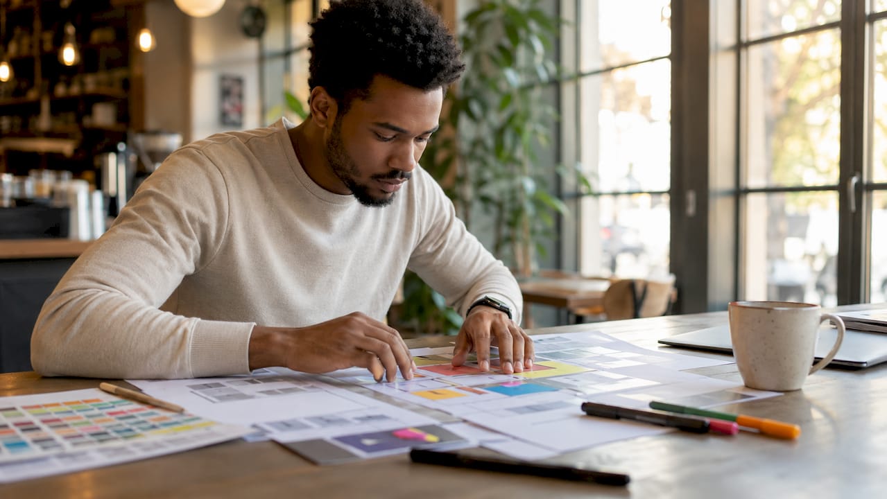 Designer arranging visual hierarchy layouts on table