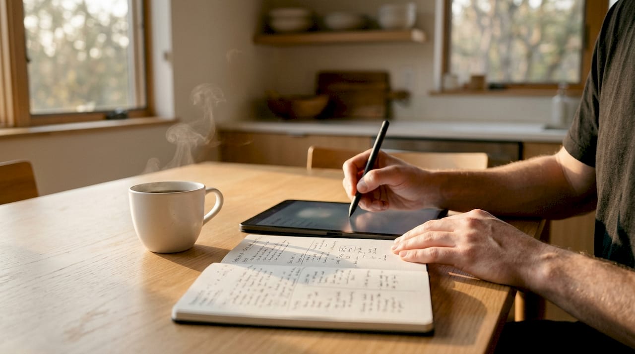 Hands using tablet and stylus to assess digital presence