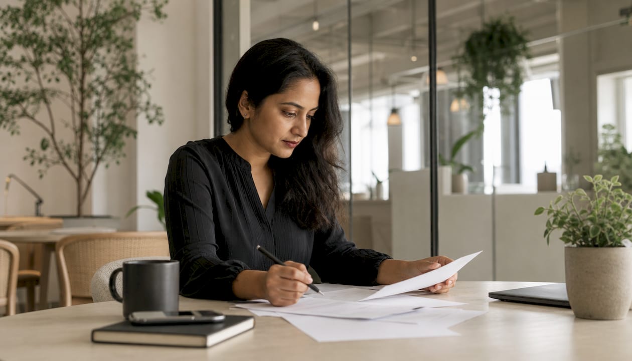 Woman planning digital business growth roadmap at desk