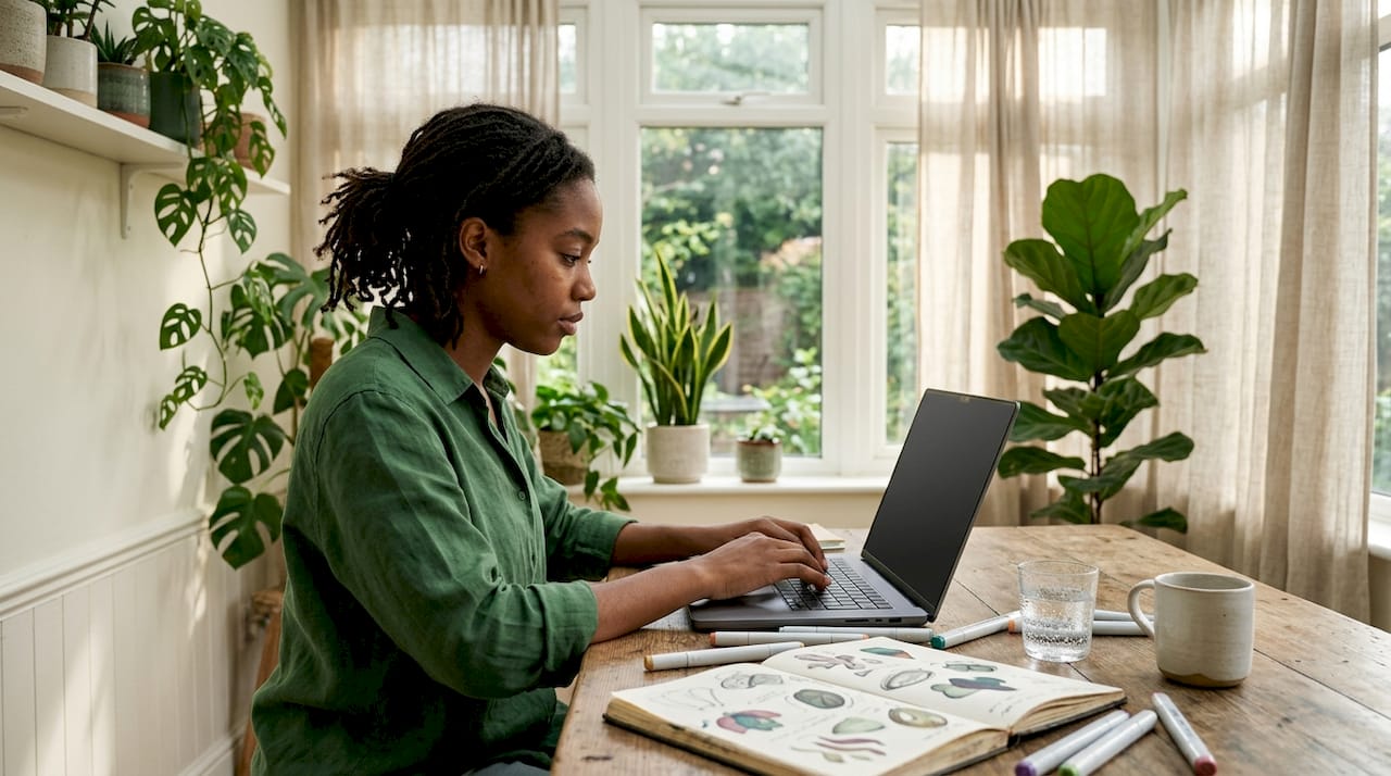 Female creator working on personal website laptop