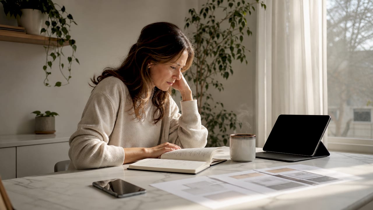 Woman checking website launch checklist at home