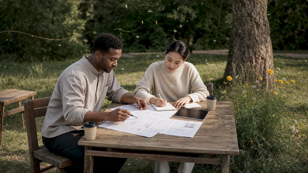 Two colleagues discussing website design plans