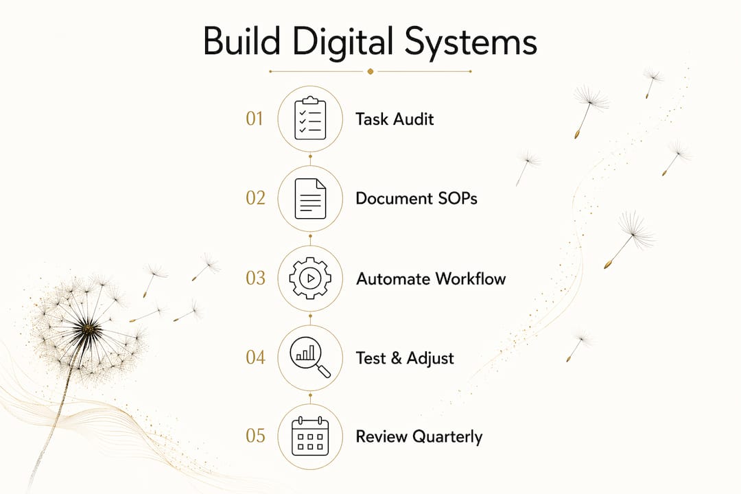 Infographic outlining steps to build solo business digital systems