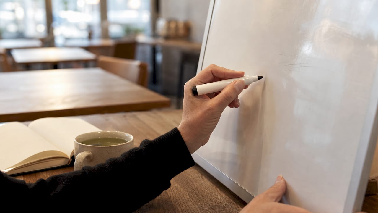 Hands poised to write growth framework components on whiteboard