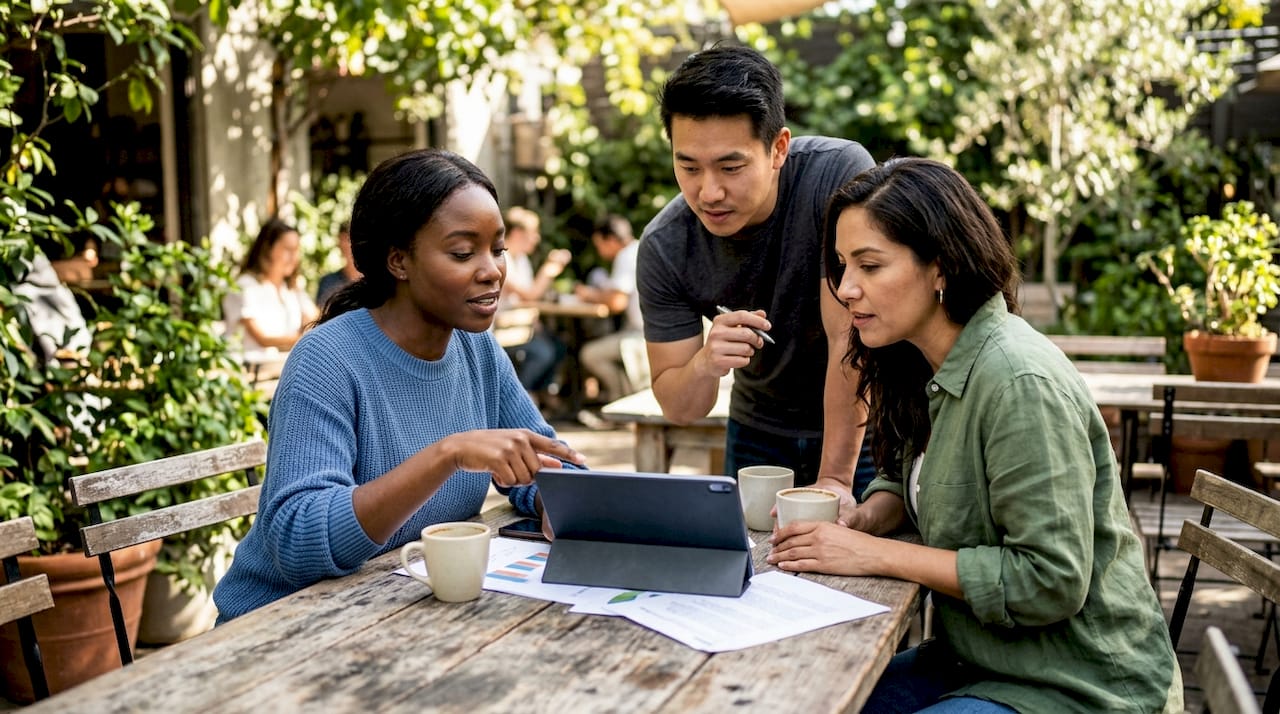 Small business owners collaborating on market strategy
