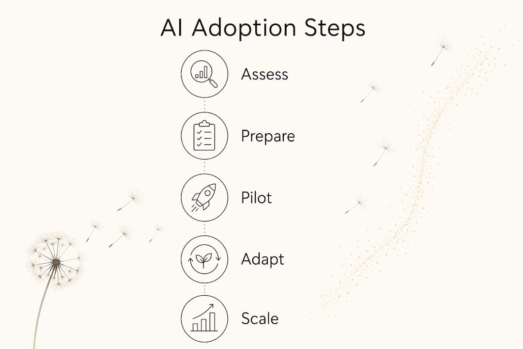 Infographic illustrating AI adoption steps for SMEs