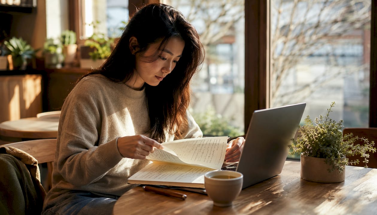 Professional woman designing AI workflow at desk