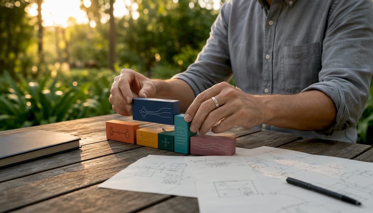 Hands assembling AI components blocks on table