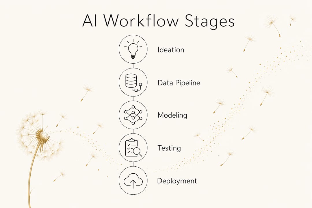 Infographic illustrating AI workflow stages from ideation to deployment