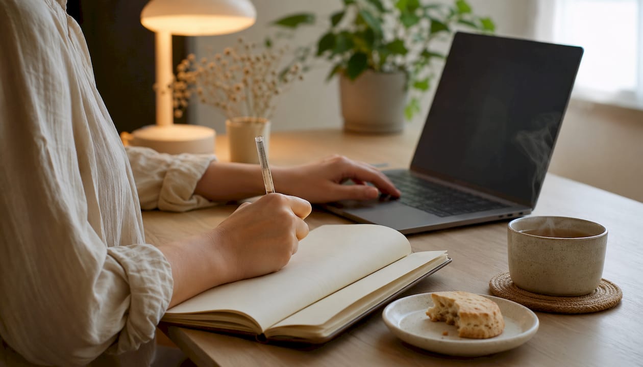 Close-up of hands working on laptop and tablet at café