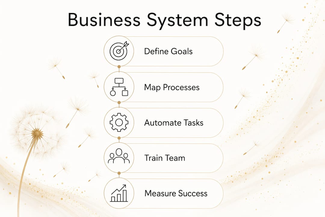 Vertical flow infographic outlining business system steps