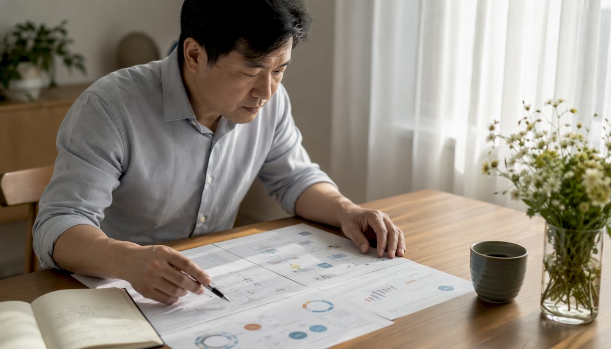Business leader reviewing process maps in office