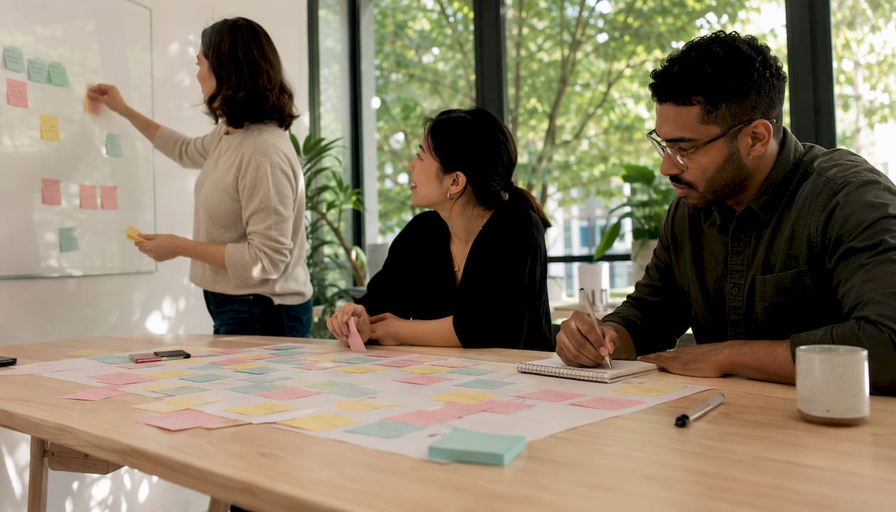 Team mapping process workflow on whiteboard