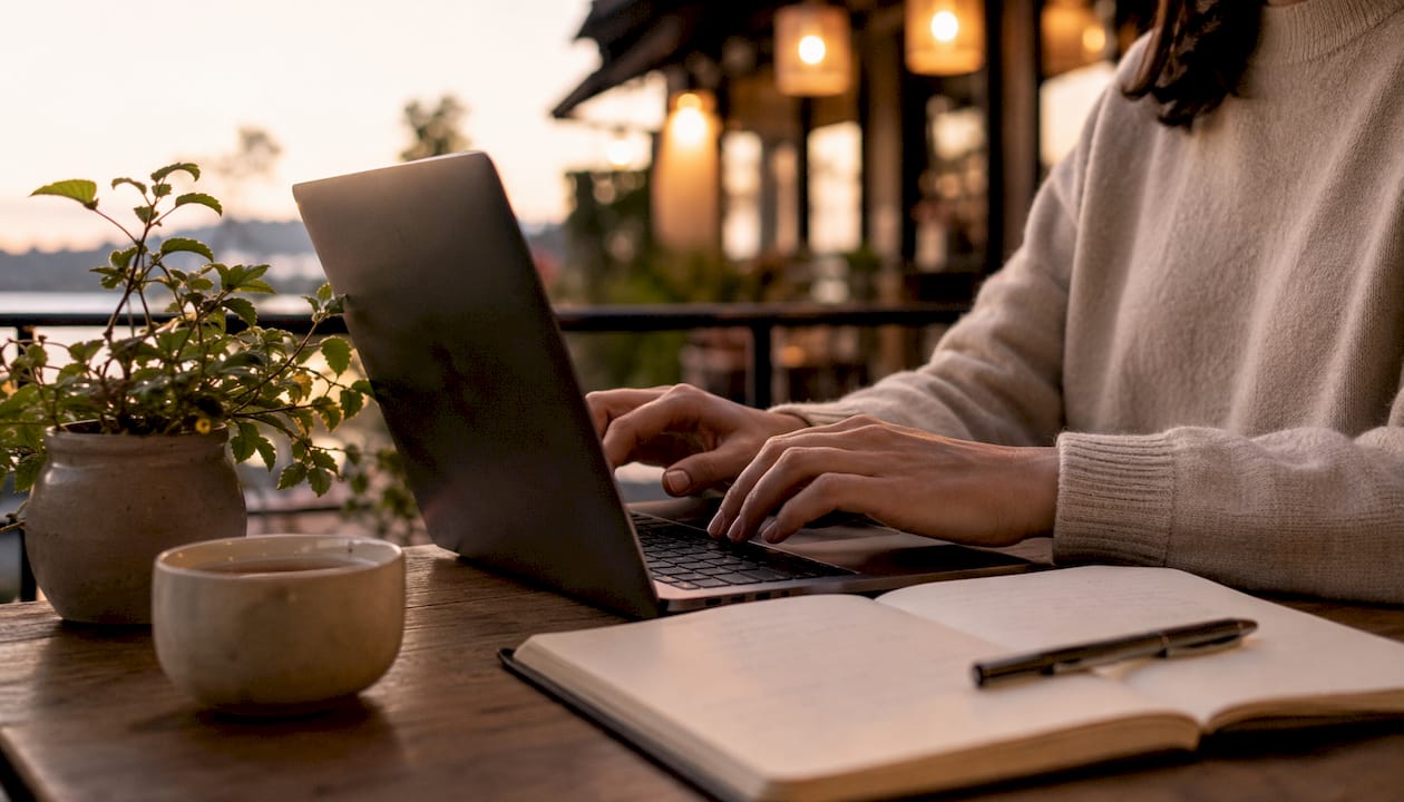 Hands typing on laptop with content design notes