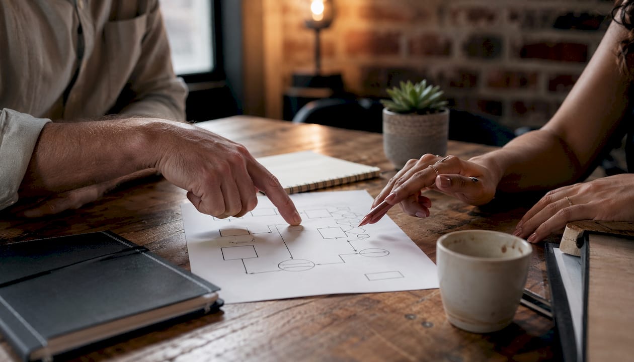Hands analyzing AI tool options on desk
