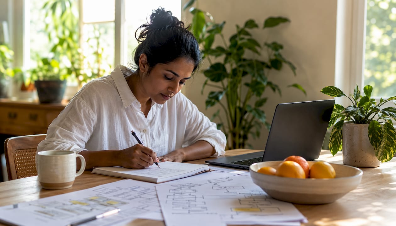 Woman auditing client onboarding process at desk