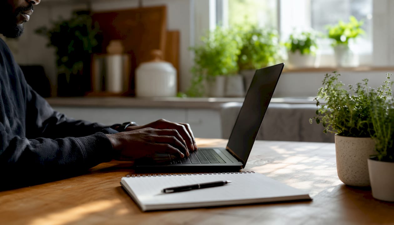 Hands typing on keyboard by laptop in home office