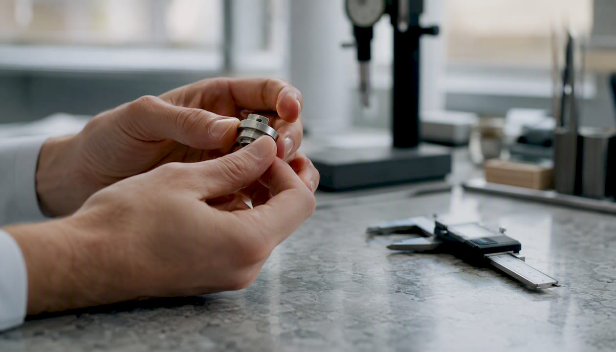 Hands inspecting manufactured part