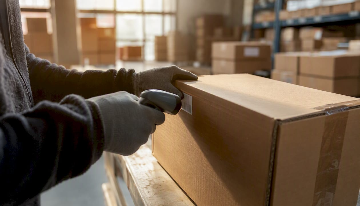 Hands scanning package barcode in warehouse