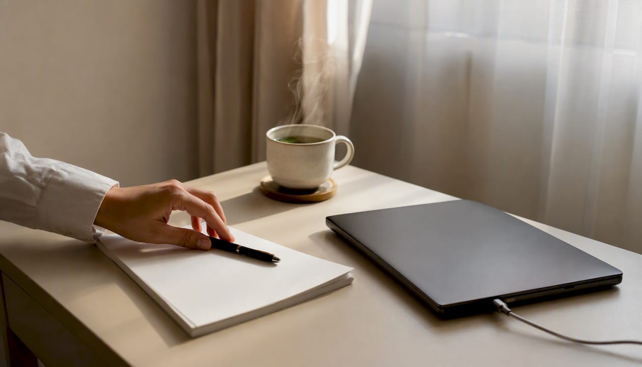 Workspace with hand placing pen beside notebook