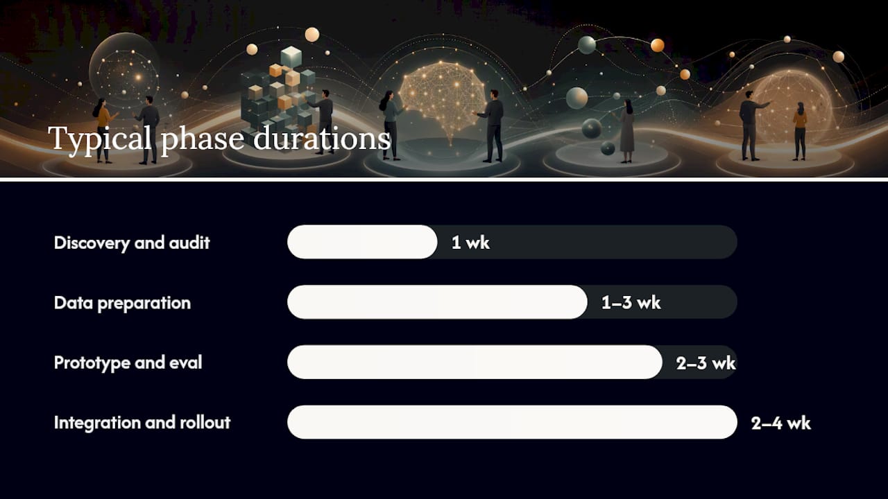 Timeline of AI rollout phases with durations and deliverables