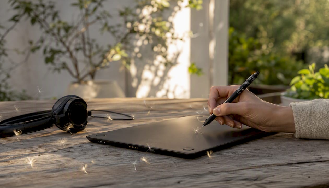 Consultant poised over tablet with pen and tea