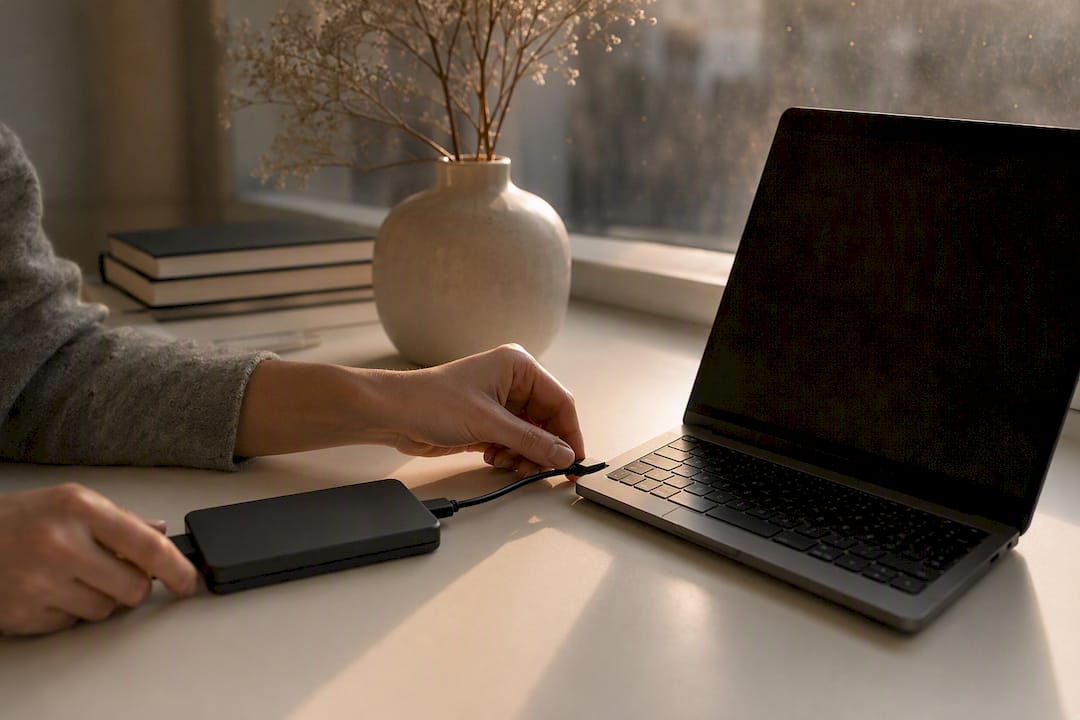 Hands connecting external backup drive