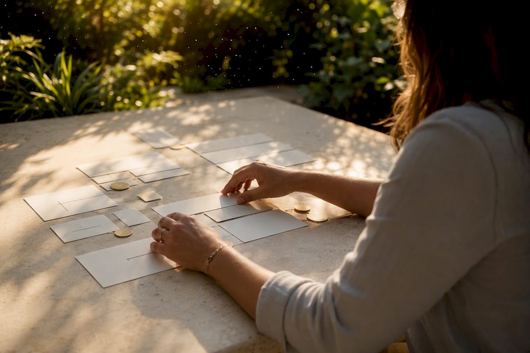 Hands rearranging modular layout cards on cream desk