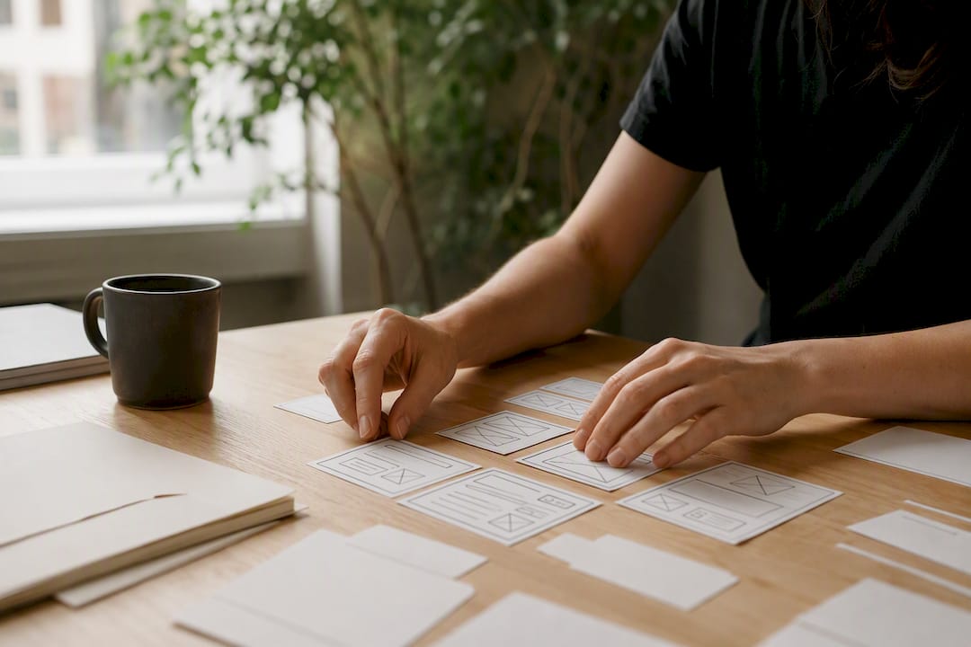 Hands arranging wireframe cards for accessibility