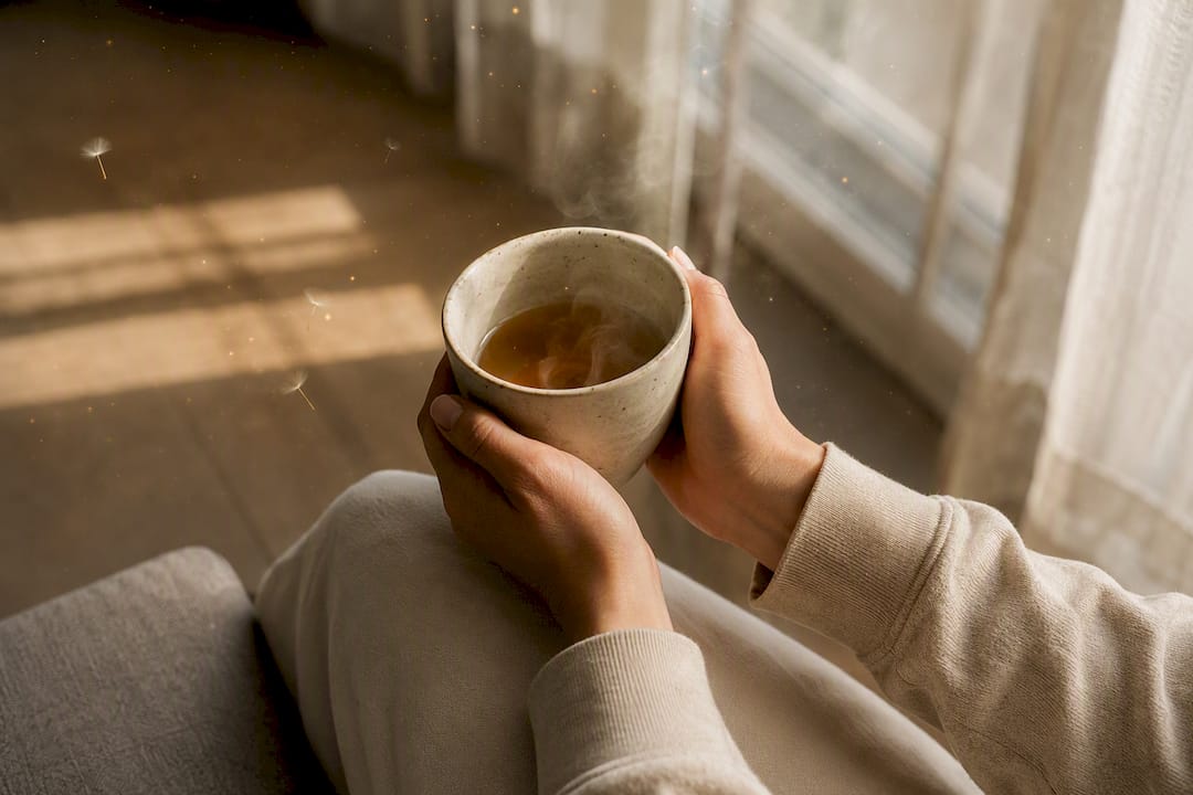 Hands holding steaming teacup in soft, calm light