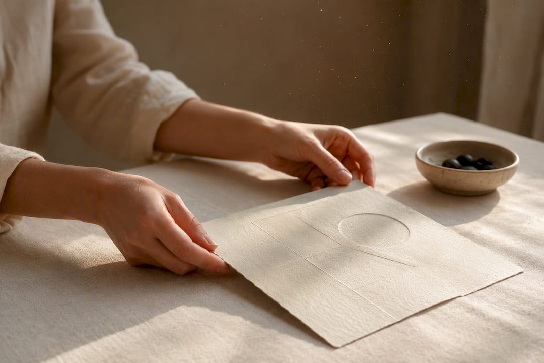 Hands placing anonymous client testimonial card