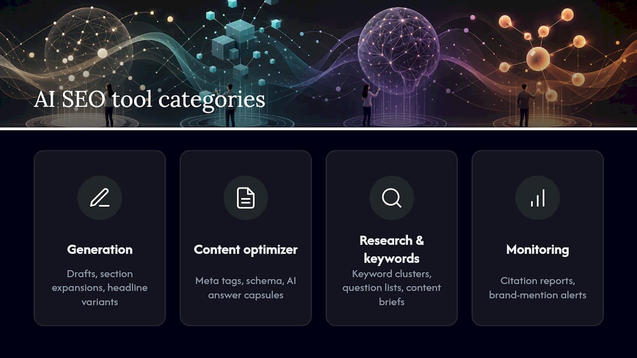 Categories of AI SEO Tools and What Each One Actually Does — overview diagram