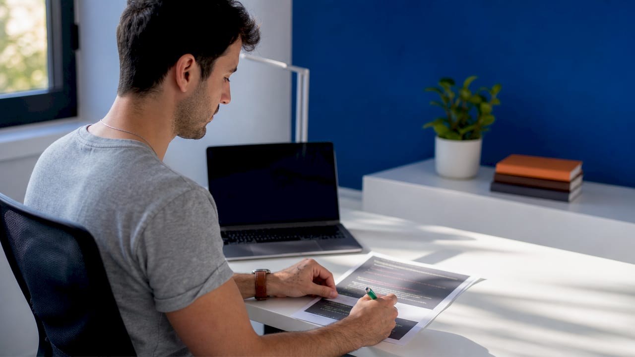 Hands marking defects on printed code document