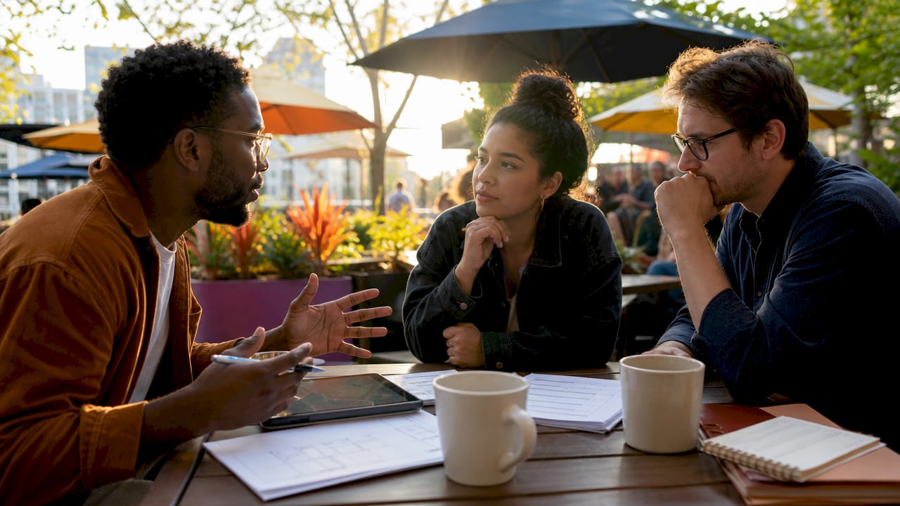 Team discussing production readiness checklists in office