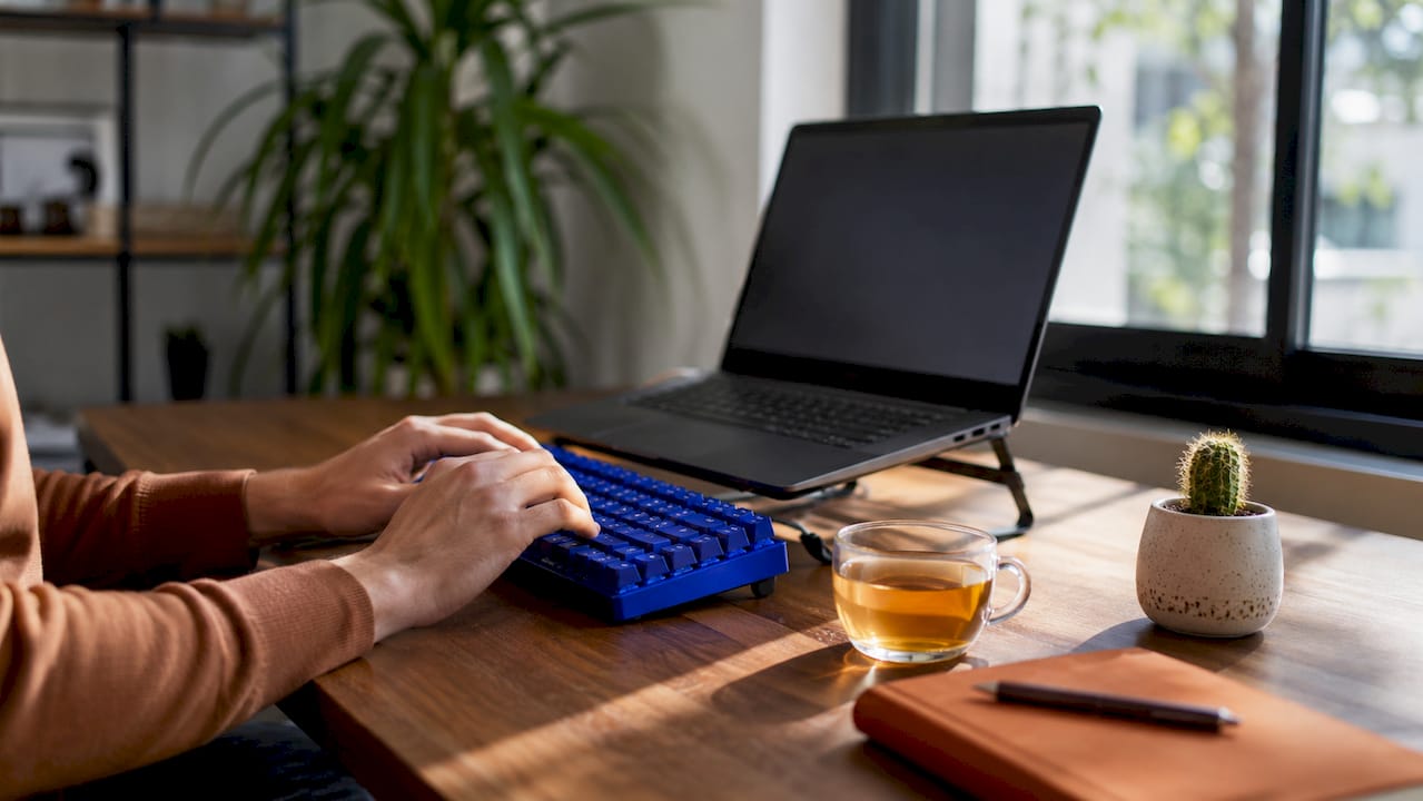 Hands typing on keyboard near laptop in office