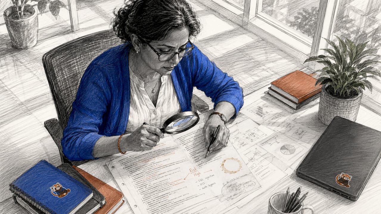 Cybersecurity analyst reviewing printed code
