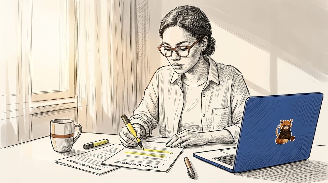 Cybersecurity analyst reviewing printed audit checklist