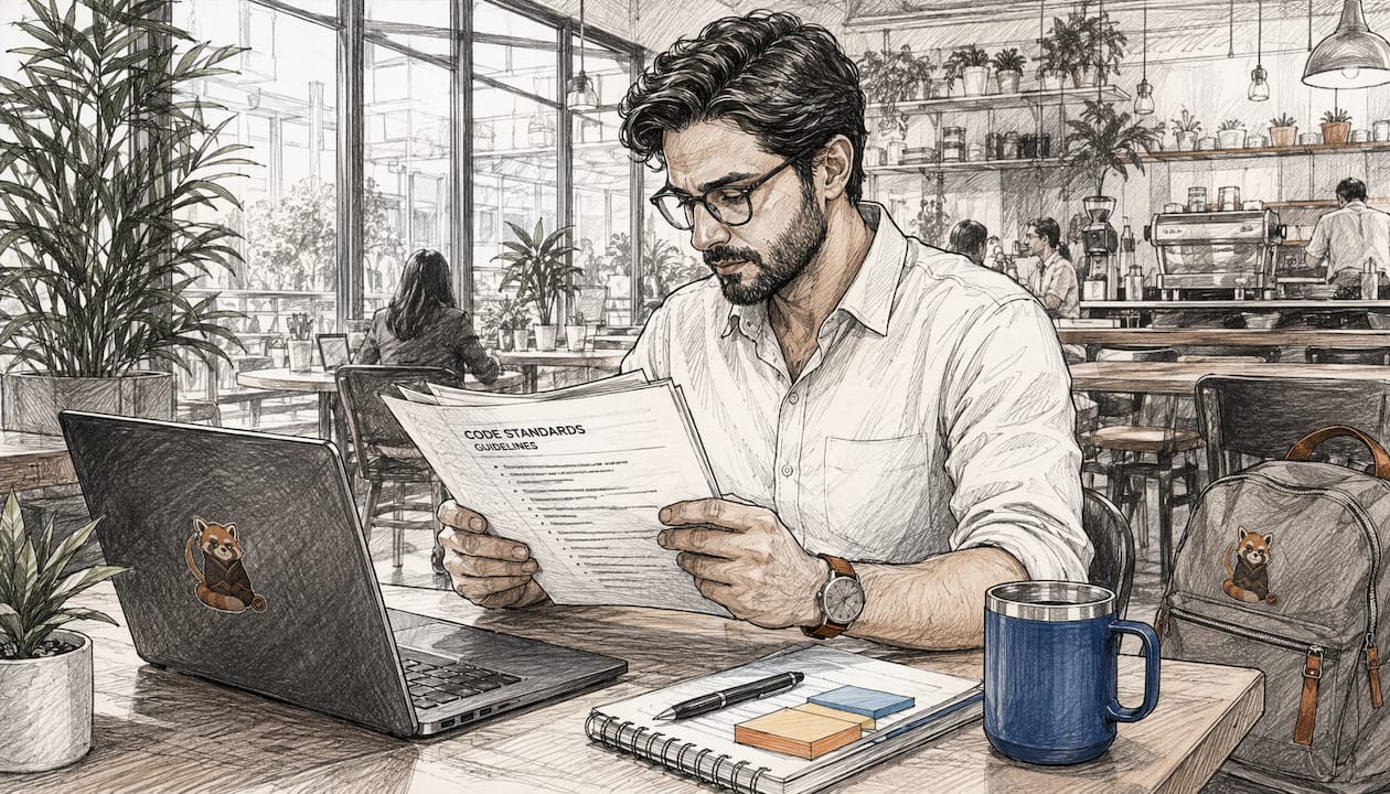 Engineer reviewing printed code standards documents