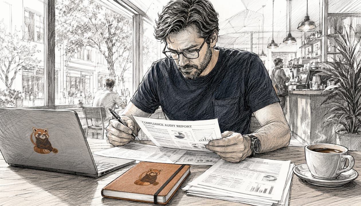 Developer reviewing printed compliance reports at desk