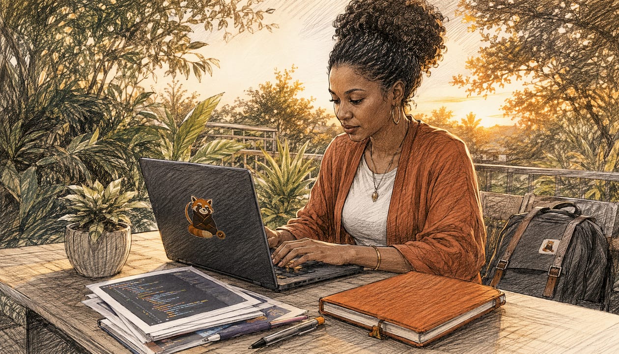 Developer reviewing code in small home office