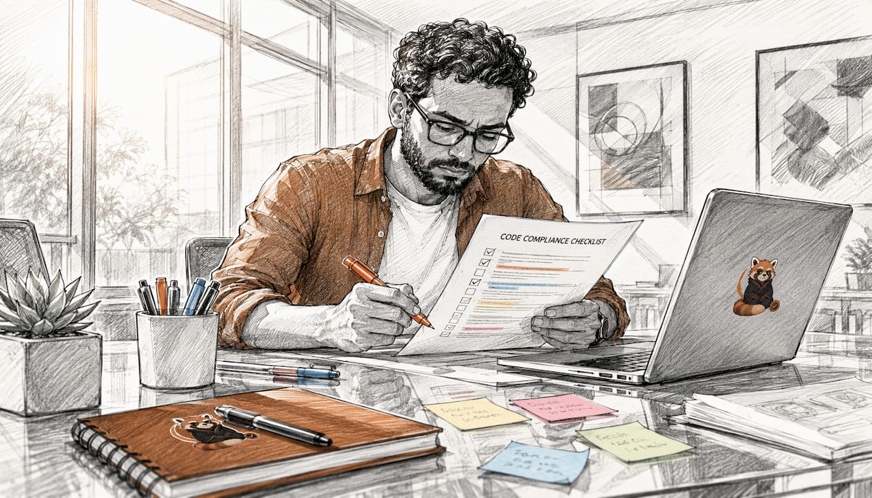 Developer reviewing printed compliance checklist in office